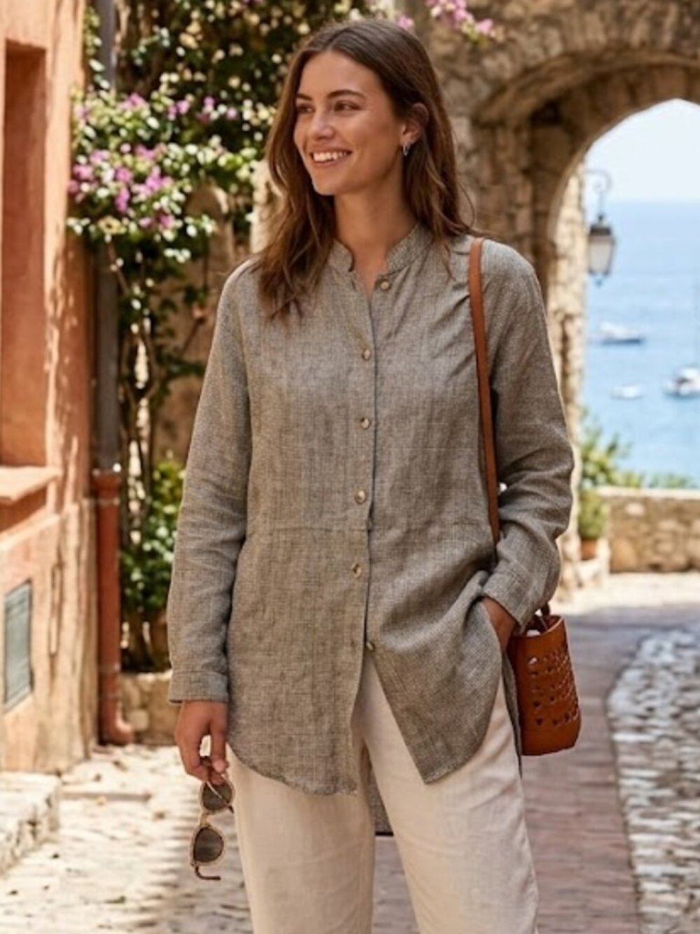 EM 100% Linen Tan Black Houndstooth Band Collar Tunic Blouse Chic Minimalist
